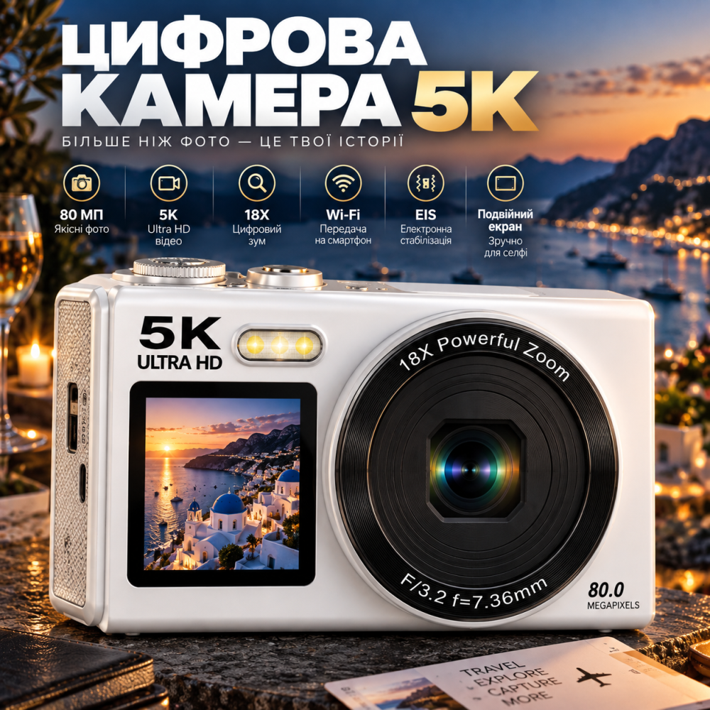 Цифрова камера 5K 80 МП Wi-Fi з подвійним екраном, EIS, 18x Zoom, 2 акумулятори + карта 64 ГБ, біла Київ - фото 1