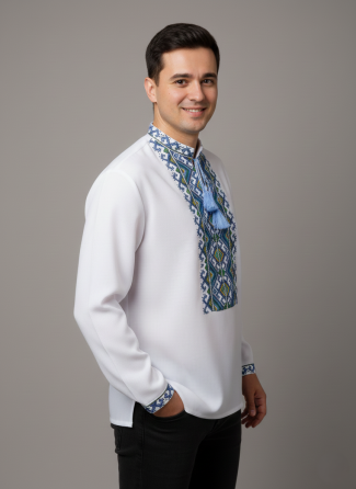 Чоловіча вишиванка з насиченим синьо- зеленим орнаментом на довгий рукав "Гармонія" Київ