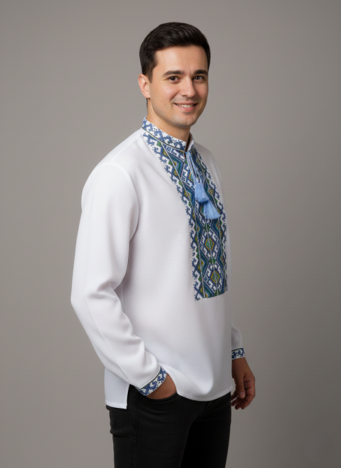 Чоловіча вишиванка з насиченим синьо- зеленим орнаментом на довгий рукав "Гармонія" Київ - фото 2