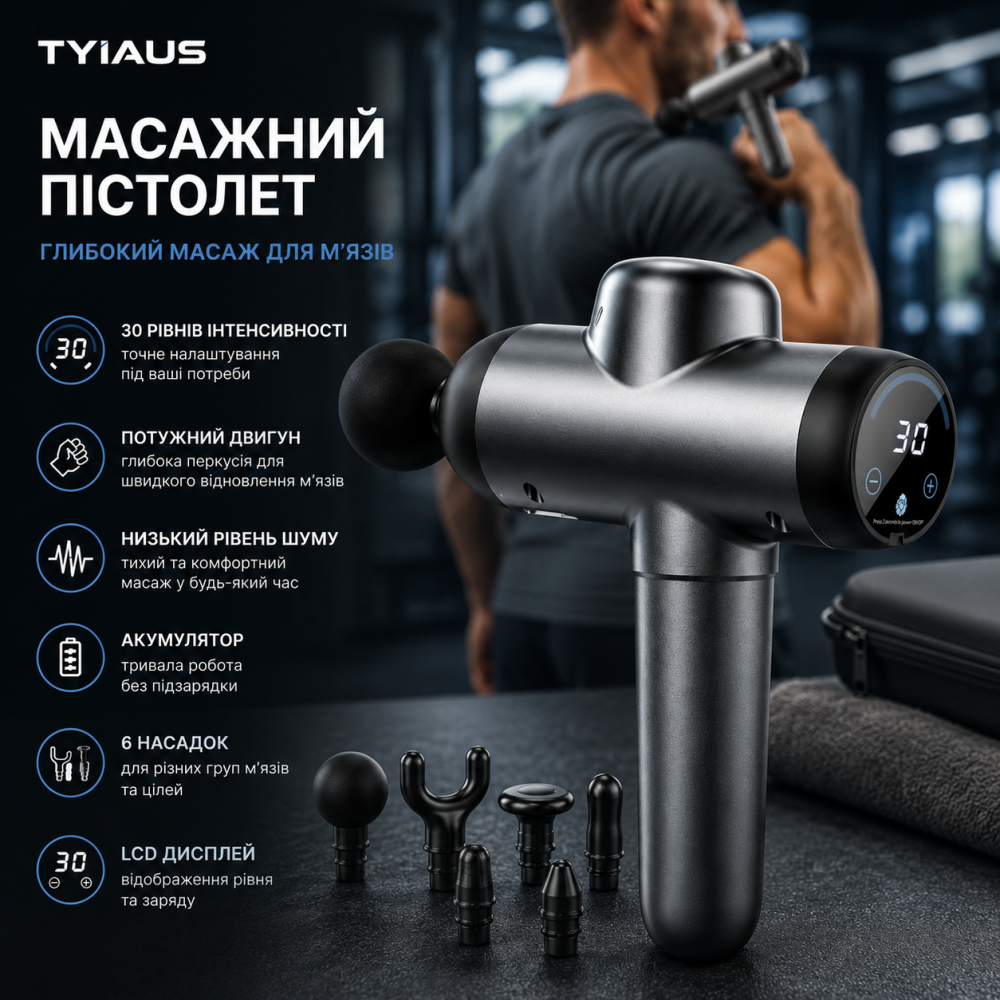 Масажний пістолет TYIAUS перкусійний для м'язів 30 швидкостей LCD екран 6 насадок глибокий масаж акумуляторний Київ - фото 8