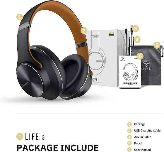 Bluetooth-наушники DOQAUS Over-Ear, 52 ч работы, Bluetooth 5.0, 3 EQ, HiFi, микрофон, черные/коричневые Киев