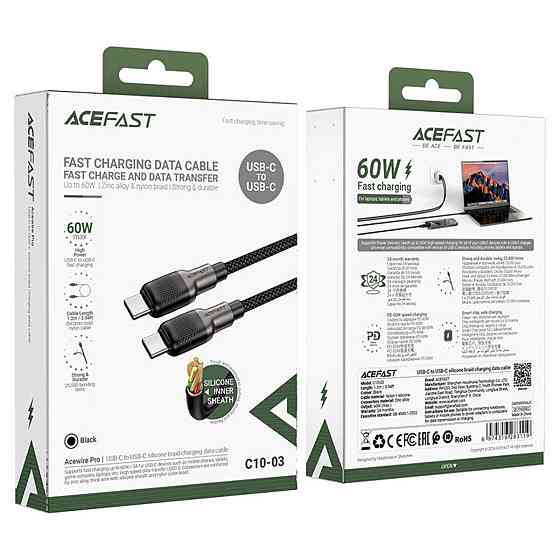 Кабель Type-C ACEFAST C10-03 3A, 60W, 1.2m, silicone, zinc connectors, Black 6974316283119 Одесса