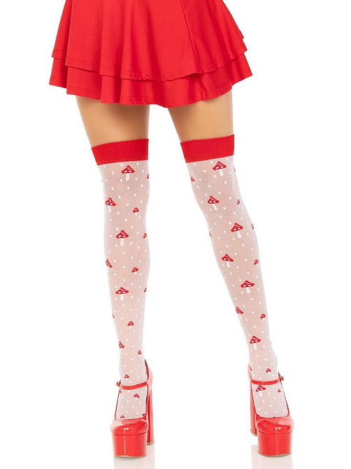 Панчохи Leg Avenue Polka Dot Mushroom Thigh Highs, One Size, біло-червоні, на резинці, малюнок — гриби Sex Aura Київ - фото 1