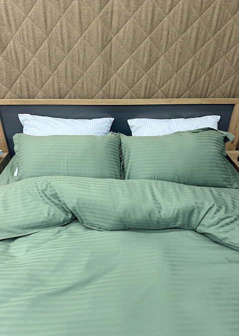 Комплект постільної білизни Страйп-сатин Двоспальний 180х220 з простирадлом на резинці М'ятний (88-173) Київ - фото 5