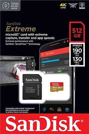 Картка пам'яті MicroSDXC 512 GB C10 UHS-I SanDisk Extreme V30 U3 R190/W130MB/s + SD (SDSQXAV-512G-GN6MA) 512 Харків