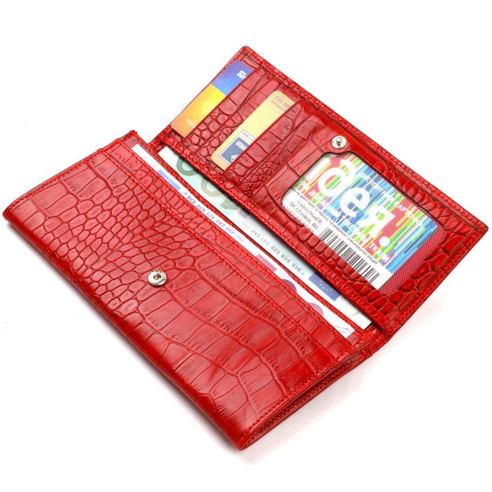 Оригінальний жіночий гаманець з натуральної фактурної шкіри з тисненням під крокодила Червоний (CANPELLINI) Київ - фото 9