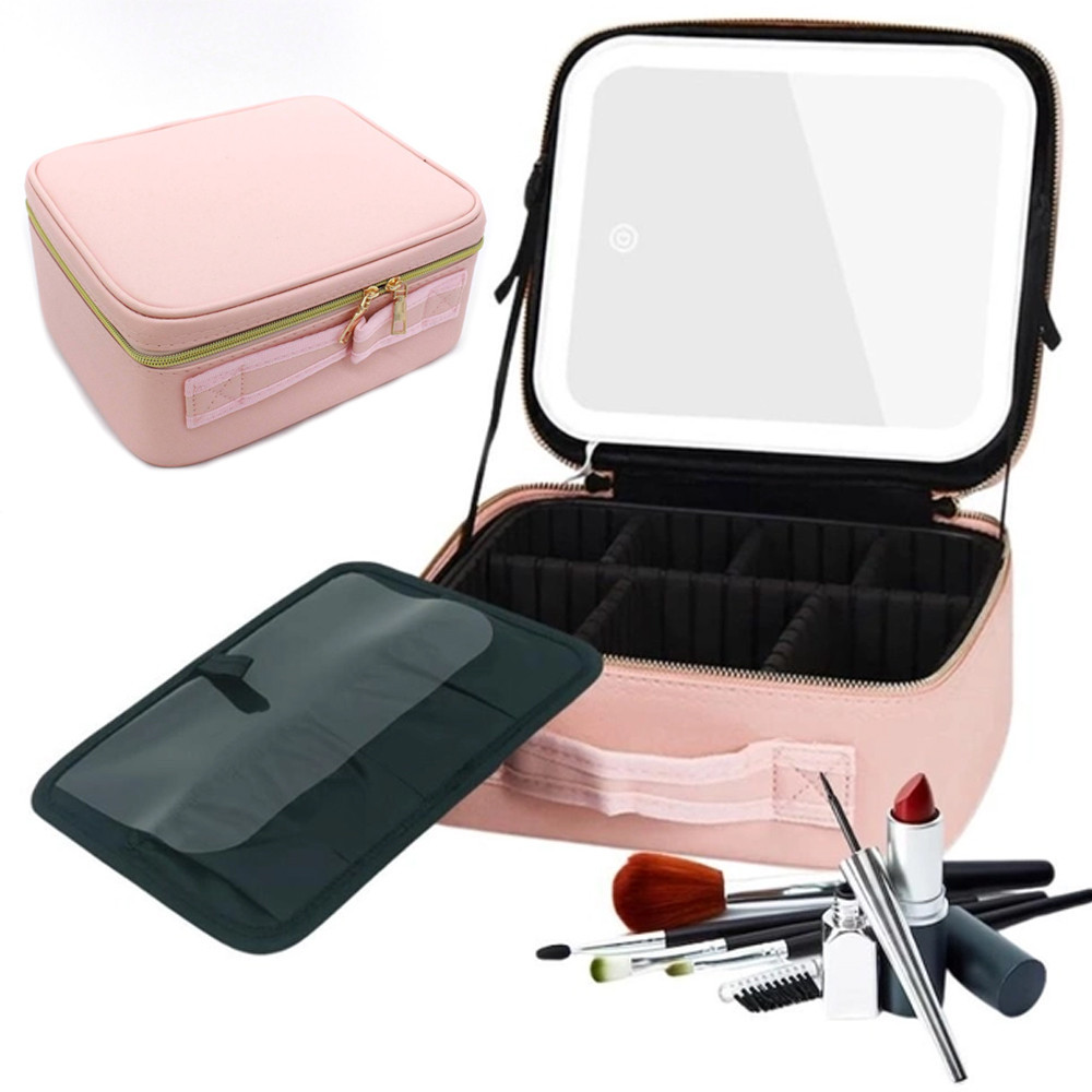 Косметичка дорожня з LED дзеркалом (26х23х11см), Рожева / Косметичка з дзеркалом і підсвічуванням / Кейс косметичка Київ - фото 1
