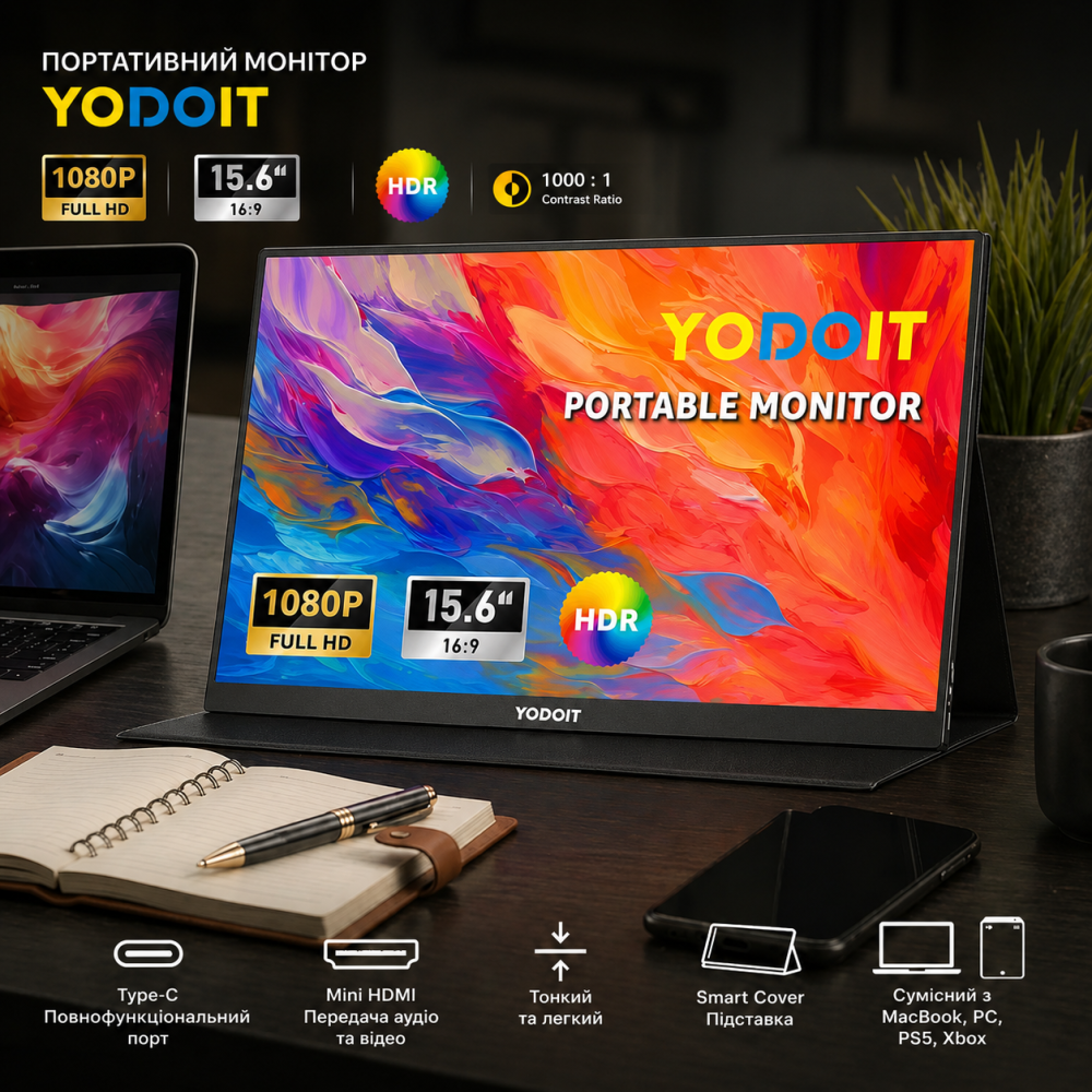Портативний монітор Yodoit 15.6", Type-C, Mini HDMI, HDR, Smart Cover для MacBook, PC, PS5/Xbox Київ - фото 11