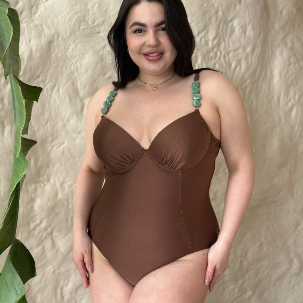Злитний купальник великих розмірів plus size біфлекс з поролоновими чашками та кісточками на бретельках коричневий 2XL Одеса - фото 1