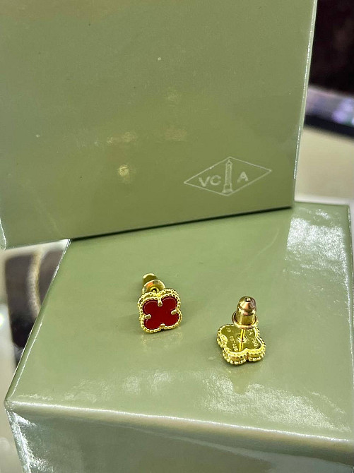 Сережки Ван Кліф бордові в лимонному золоті Одеса - фото 1