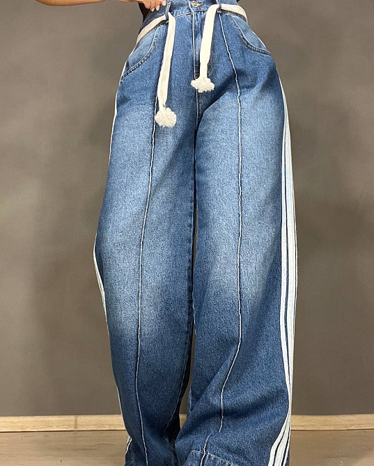 Джинсы женские Vonnavi 413-240 палаццо с лампасами пояс резинка шнурок синие, синий, 26, 26, 68 см,  Одесса - изображение 4