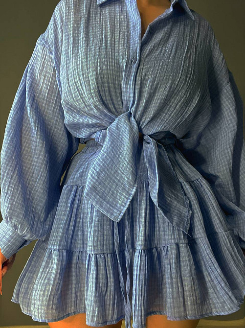 Костюм жіночий Xingyue 318-3 мусліновий у клітинку сорочка оверсайз і спідниця-шорти, блакитний, one size Київ - фото 2