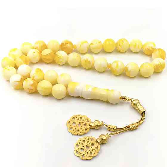 Чотки з бурштину RESTEQ 33 намистини з металевим китицем — турецькі бурштинові чотки з намистинами 16 мм Київ