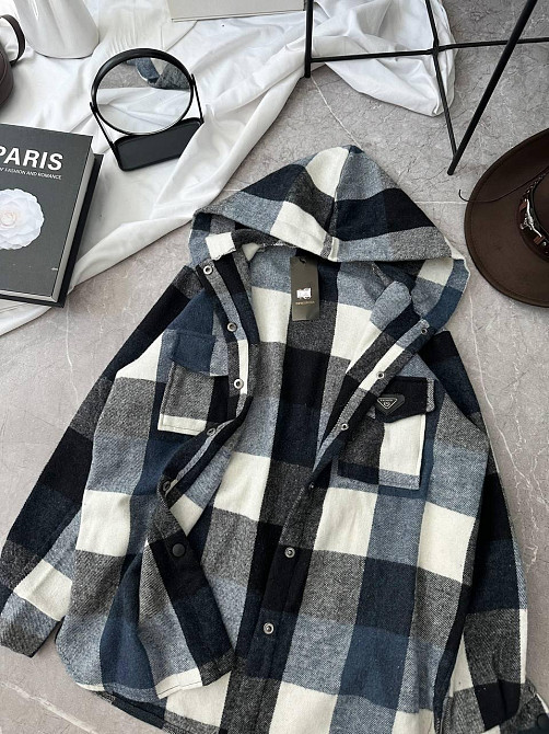 Женская повседневная оверсайз рубашка в клетку с капюшоном турецкий кашемир Джинс, 42/46 Одесса - изображение 1