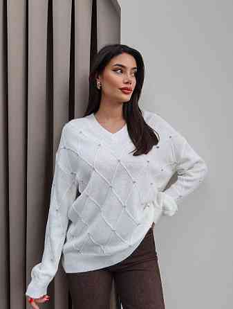 Жіночий светр оверсайз крою з камінчиками машинна вʼязка Одеса