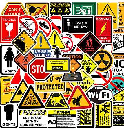Наклейки предупреждающие знаки 50 шт — набор стикеров WARNING, CAUTION, DANGER ~5 см, ПВХ для ноутбука, авто, шлема Киев