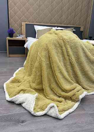 Плед двосторонній 155х200 см (+-5см) із штучною овчиною та хутром Гірчичний з білим (87-080) Київ