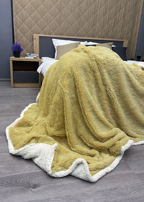 Плед двосторонній 155х200 см (+-5см) із штучною овчиною та хутром Гірчичний з білим (87-080) Київ - фото 6