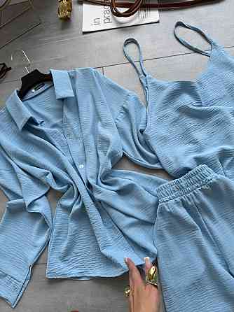 Жіночий легкий прогулянковий костюм трійка: сорочка майка і штани креп жатка Одеса