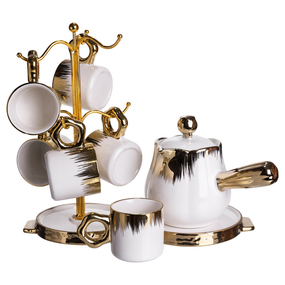 Кофейный сервиз на подставке с кофейником 450 (мл) 6 чашек по 90 (мл) подарочный набор чашек на подставке Белый с золотом FM-JJ-3 Киев - изображение 4