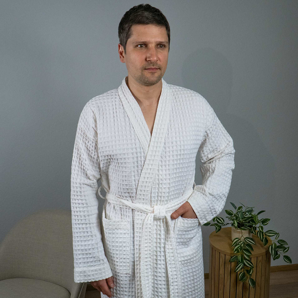Вафельний халат чоловічий комір стійка з довгим рукавом YouStar 100% бавовна 380 г/м2 (Білий) XXL-XXXL Суми - фото 3