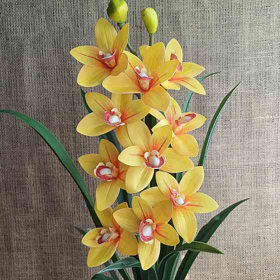 Штучна латексна орхідея цимбідіум у рожевому керамічному кашпо біла з рожевим Дніпро