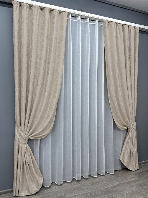 Комплект штор VR-Textil Лен Мрамор 100х270 2шт и Тюль 300х270 1767ш-1276т Бежевый с белым 71-019/1 Киев - изображение 2
