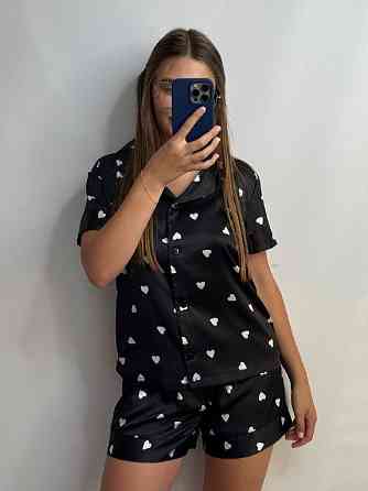 Женская пижама сатиновая Черный в сердечко XS-S Харьков