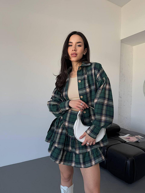 Женский стильный костюм двойка: рубашка и юбка в клетку тиар Зелёный, 46/48 Одесса - изображение 5