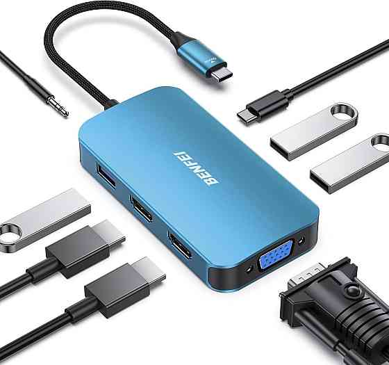 Хаб 8в1 BENFEI USB C концентратор, док-станція з потрійним дисплеєм, 2 HDMI, VGA, 3 USB 3.0, 100 Вт, 3,5-мм AUX аудіо Київ