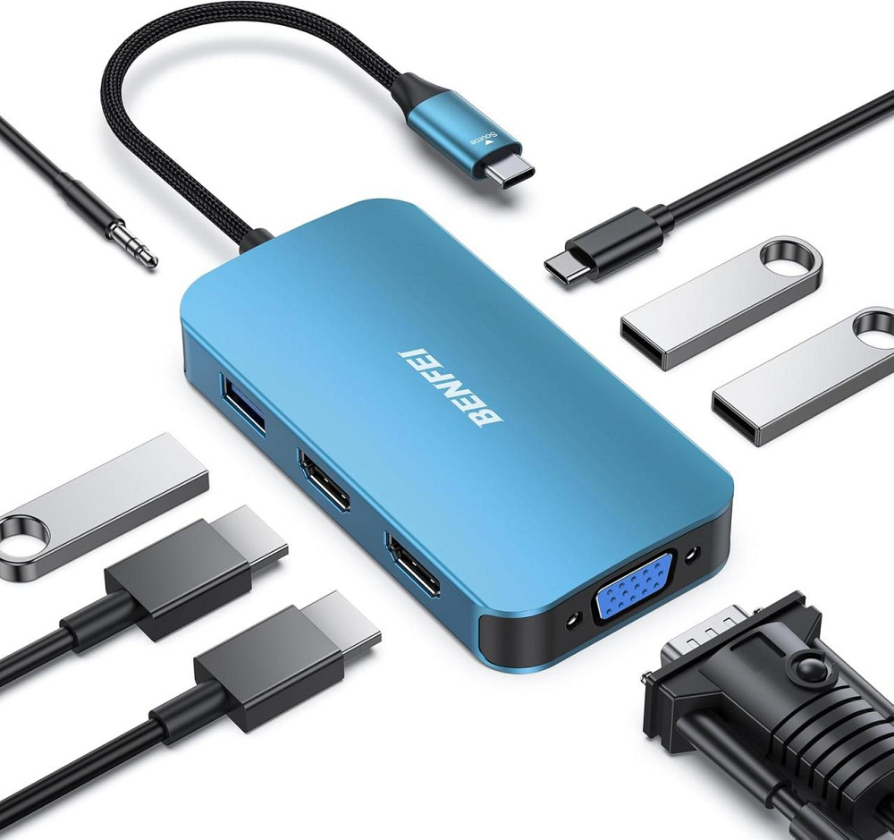Хаб 8в1 BENFEI USB C концентратор, док-станція з потрійним дисплеєм, 2 HDMI, VGA, 3 USB 3.0, 100 Вт, 3,5-мм AUX аудіо Київ - фото 1