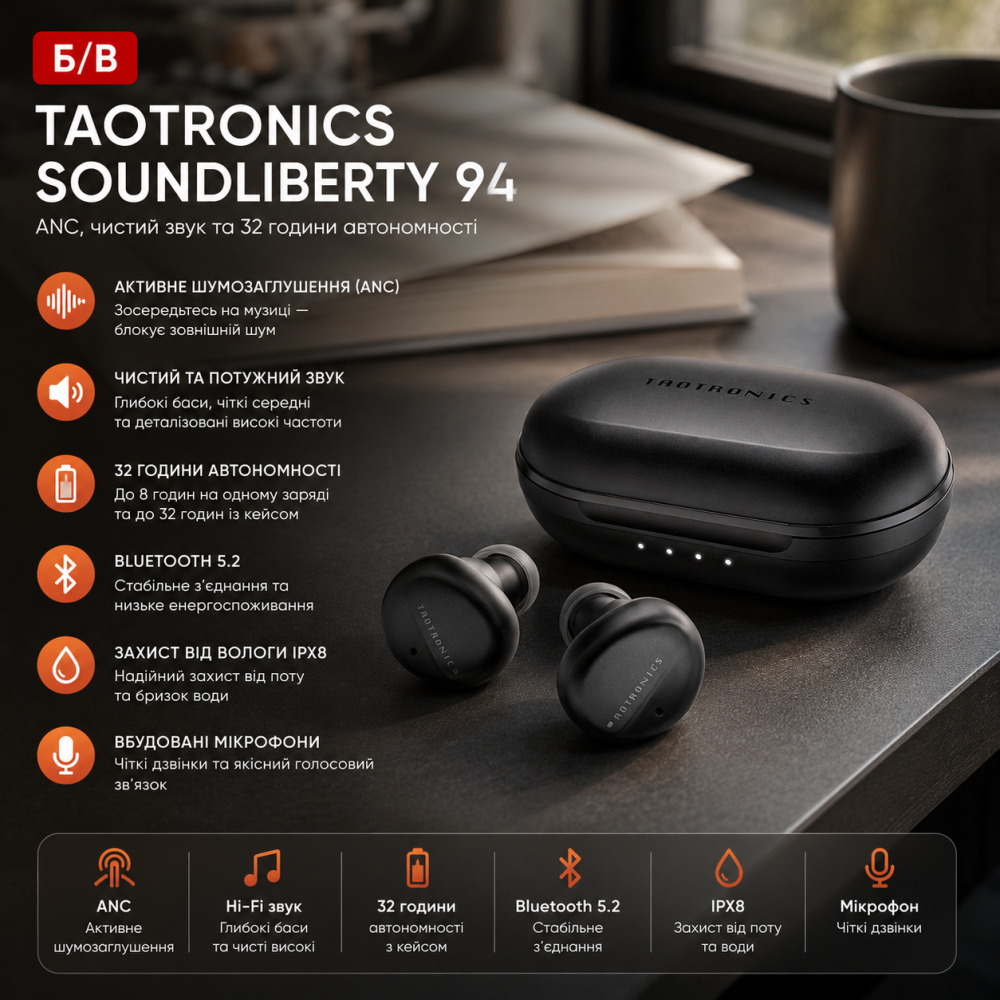 Б/В Бездротові навушники TaoTronics SoundLiberty 94: ANC, чистий звук та 32 години автономності Київ - фото 7