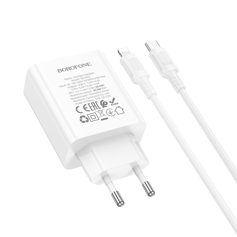 Мережевий зарядний пристрій з кабелем BOROFONE BA107A Stellar single port PD30W charger set (C to iP) (EU) White Одеса - фото 6