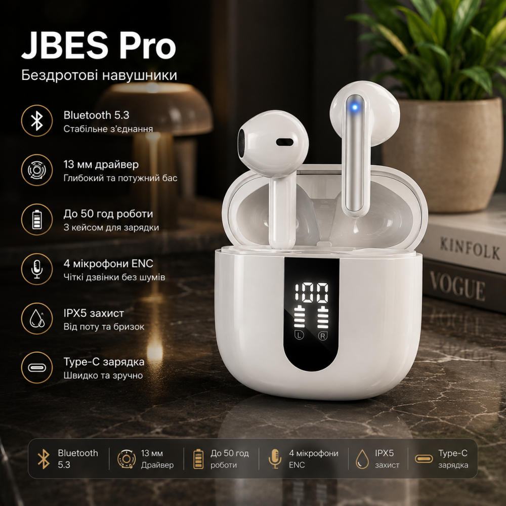 Беспроводные наушники JBES Pro Bluetooth 5.3, 13 мм, глубокий бас, 50 ч работы, 4 микрофона ENC, IPX5, Type-C Киев - изображение 1