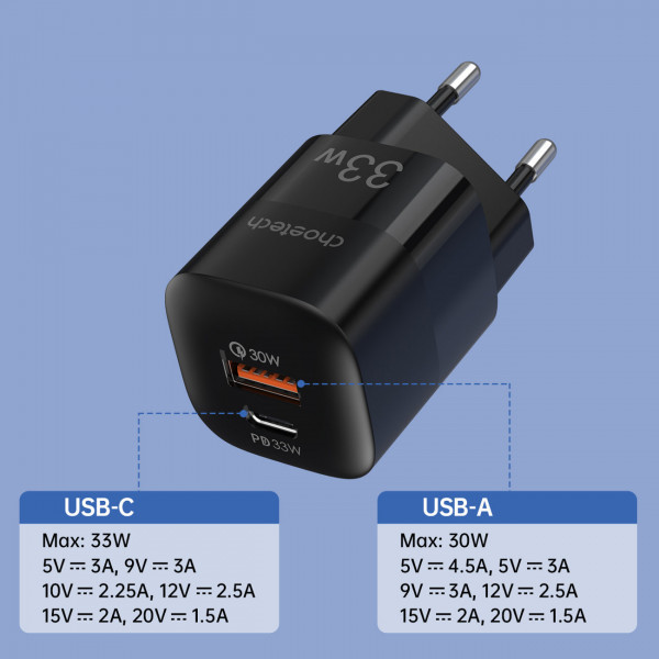 Зарядний пристрій 1хUSB-C+1xUSB 33W PD QC3.0 PD5006 чорний Choetech (PD5006-EU-BK) Київ - фото 4
