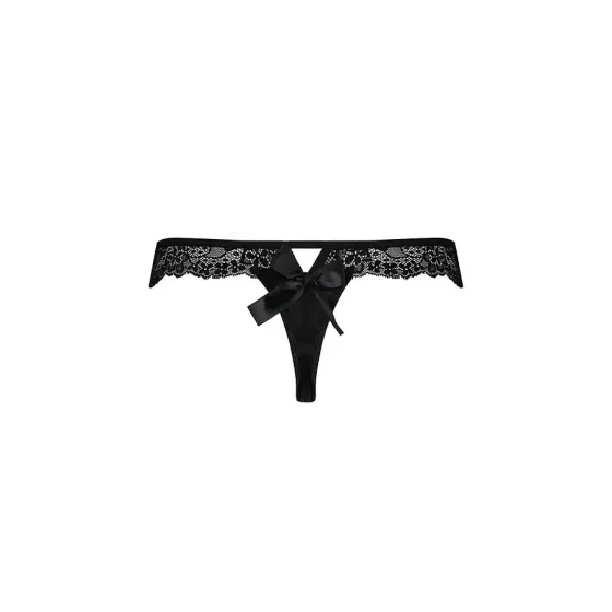 Мереживні трусики-танга з атласним бантиком Passion NAJA THONG L/XL, black Львов