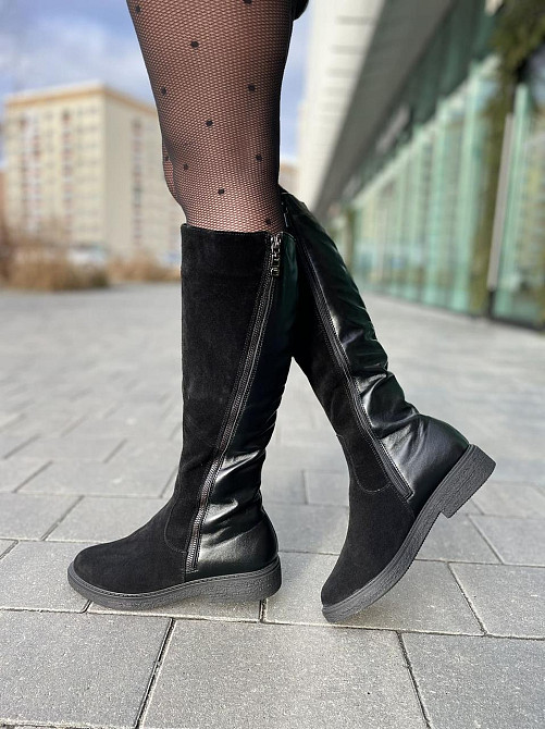 Чоботи жіночі зимові комбіновані натуральна шкіра + замша чорні на низькому ходу 5191 Коломыя - изображение 10