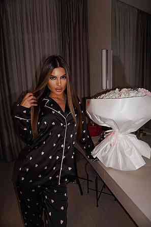 Женская пижама двойка с сердечками из шелка армани Черный 2, 52/54 Одесса