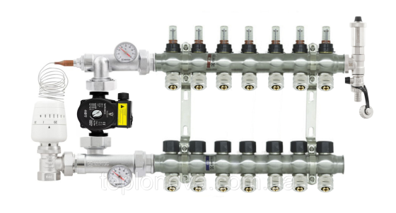 Колектор в зборі на 7 пар виходів нержавійка  "Raftec" для Теплої Підлоги з розходомірами Чернівці