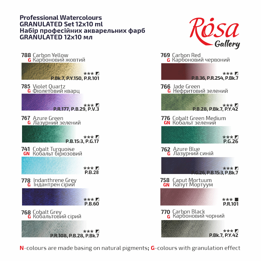 Набір акварельних фарб GRANULATION 12кол 10мл туба картон ROSA Gallery Київ - фото 5