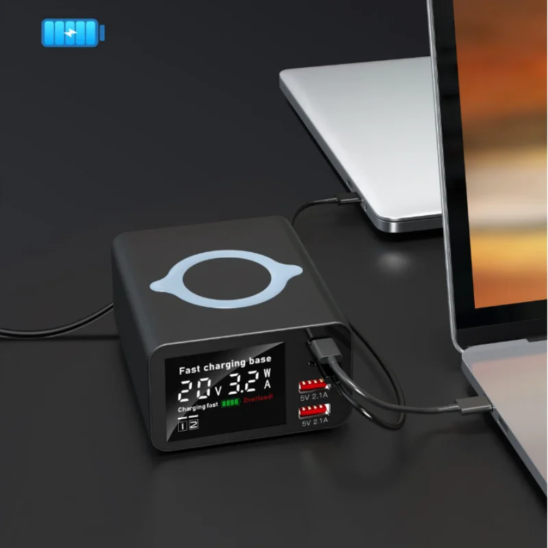Мережева зарядна станція WLX-X9C 110W з бездротовою зарядкою LCD-екран (2Type-C+2USB) Чорний Вінниця - фото 4