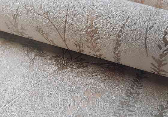 Шпалери вінілові на флізеліні Grandeco Universe 5 гілки листя квіти польові бронза срібло на бежевому Київ