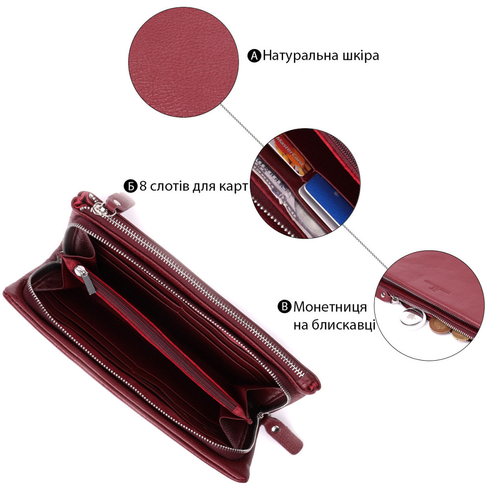 Добротный женский кошелек-клатч с двумя молниями из натуральной кожи ST Leather 22528 Бордовый Киев - изображение 4