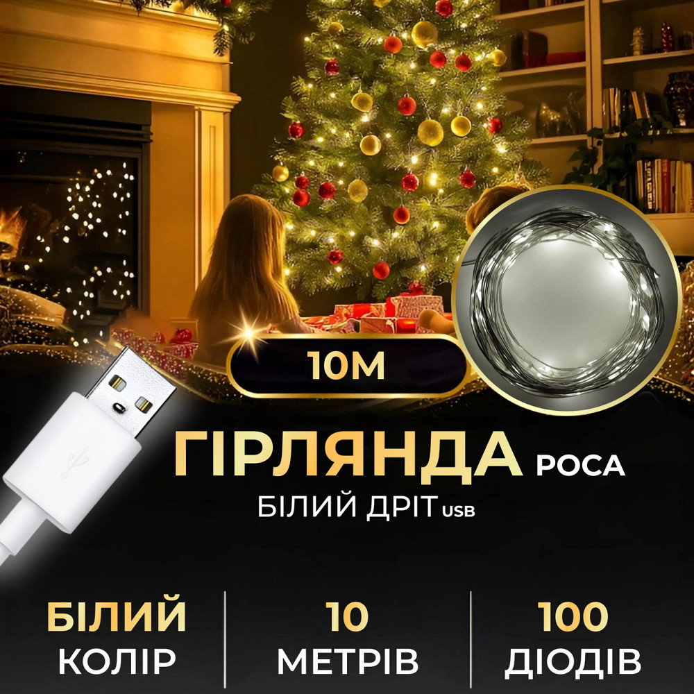 Гирлянда роса 10 метров USB на 100 led светодиодов капля белый провод белая USB100L10MWW Киев - изображение 1