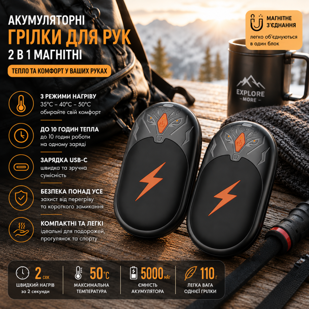 Аккумуляторные грелки для рук AJVV 2 шт., магнитные 2 в 1, 3 уровня нагрева, до 24 часов, быстрый нагрев 2 с, волк Киев - изображение 2