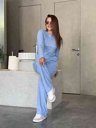 Женский костюм в рубчик с широкими штанами Голубой M/L Харьков