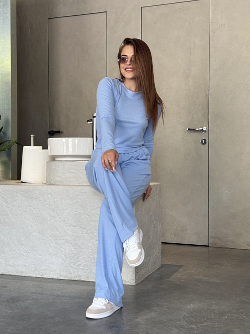 Женский костюм в рубчик с широкими штанами Голубой M/L Харьков - изображение 3