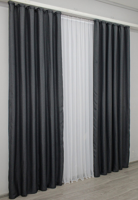 Шторна тканина, льон-блекаут з фактурою "Льон мішковина" колір графітовий 1161ш Київ - фото 8