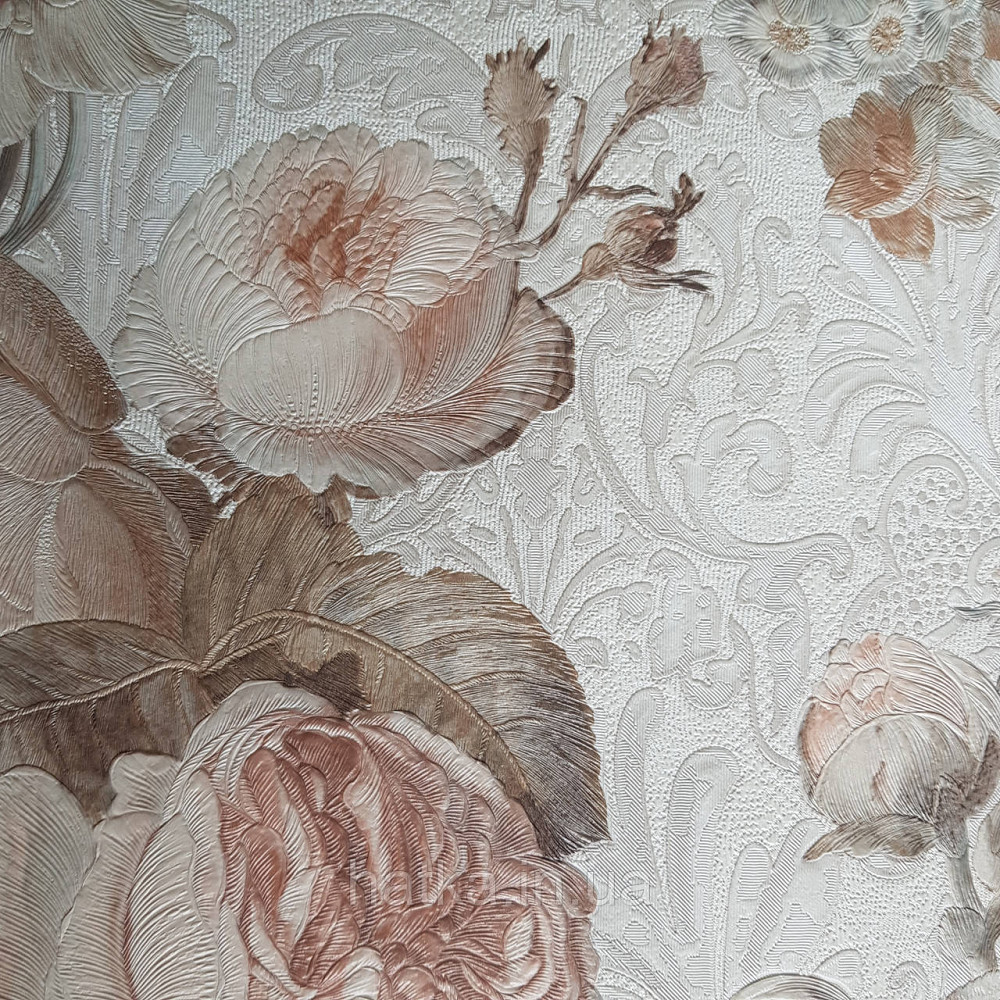 Шпалери метрові вінілові на флізелін Yuanlong Samsara квіти троянди, півонії коричневий кремовий, блакитний на Київ - фото 3