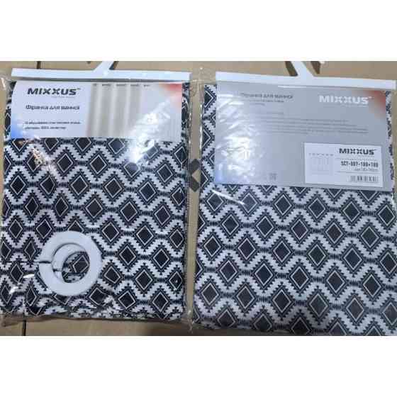 Шторка для ванної Mixxus SCT-007-180x180 з поліестеру із вбудованими кільцями (Візерунок "Соти" чорно-білий) (AC0648) Київ